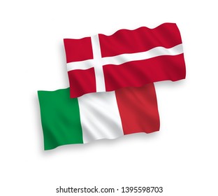 National vector fabric wave flags of Italy and Denmark isolated on white background. 1 to 2 proportion.