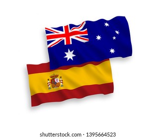 National vector fabric wave flags of Australia and Spain isolated on white background. 1 to 2 proportion.