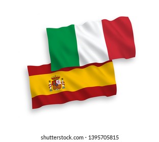 National vector fabric wave flags of Italy and Spain isolated on white background. 1 to 2 proportion.
