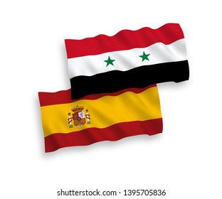 National vector fabric wave flags of Spain and Syria isolated on white background. 1 to 2 proportion.