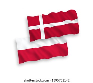 National vector fabric wave flags of Denmark and Poland isolated on white background. 1 to 2 proportion.