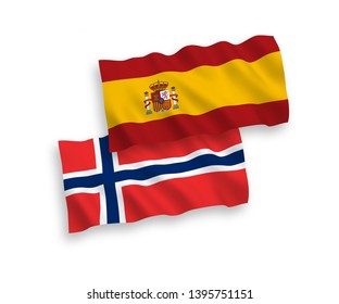 National vector fabric wave flags of Norway and Spain isolated on white background. 1 to 2 proportion.