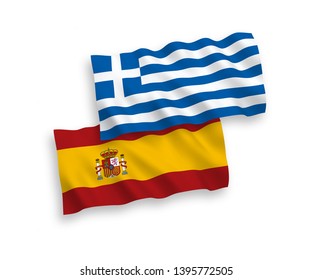 National vector fabric wave flags of Spain and Greece isolated on white background. 1 to 2 proportion.