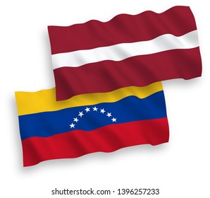National vector fabric wave flags of Latvia and Venezuela isolated on white background. 1 to 2 proportion.