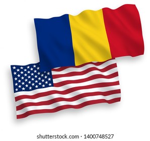 National vector fabric wave flags of Romania and USA isolated on white background. 1 to 2 proportion.