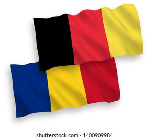 National vector fabric wave flags of Romania and Belgium isolated on white background. 1 to 2 proportion.