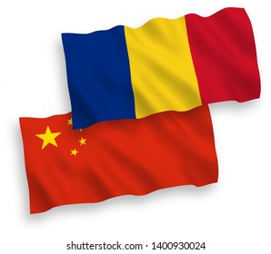 National vector fabric wave flags of Romania and China isolated on white background 1 to 2 proportion.