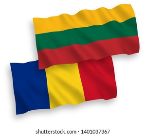 National vector fabric wave flags of Lithuania and Romania isolated on white background. 1 to 2 proportion.
