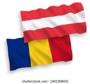 National vector fabric wave flags of Austria and Romania isolated on white background. 1 to 2 proportion.
