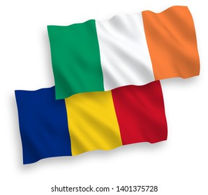 National vector fabric wave flags of Ireland and Romania isolated on white background. 1 to 2 proportion.