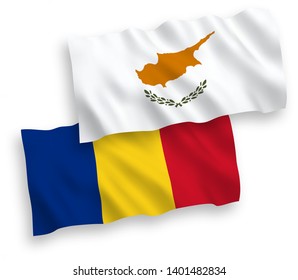 National vector fabric wave flags of Cyprus and Romania isolated on white background. 1 to 2 proportion.