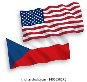 National vector fabric wave flags of Czech Republic and USA isolated on white background. 1 to 2 proportion.
