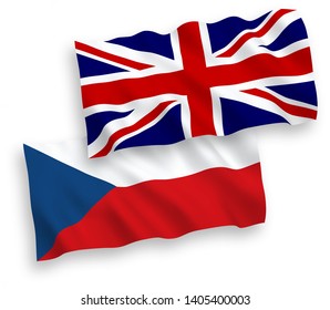 National vector fabric wave flags of Great Britain and Czech Republic isolated on white background. 1 to 2 proportion.
