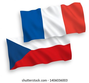 National vector fabric wave flags of France and Czech Republic isolated on white background. 1 to 2 proportion.
