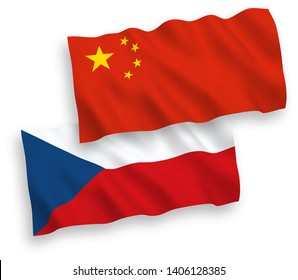 Banderas de olas de tela vectorial nacional de la República Checa y China aisladas en fondo blanco de 1 a 2 proporción.