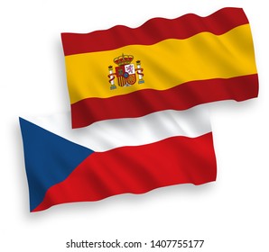 National vector fabric wave flags of Czech Republic and Spain isolated on white background. 1 to 2 proportion.