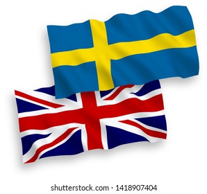 National vector fabric wave flags of Great Britain and Sweden isolated on white background. 1 to 2 proportion.