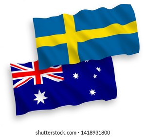 National vector fabric wave flags of Australia and Sweden isolated on white background. 1 to 2 proportion.