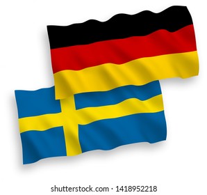 National vector fabric wave flags of Germany and Sweden isolated on white background. 1 to 2 proportion.
