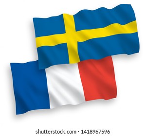 National vector fabric wave flags of France and Sweden isolated on white background. 1 to 2 proportion.