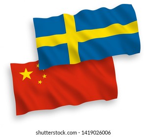 National vector fabric wave flags of Sweden and China isolated on white background 1 to 2 proportion.
