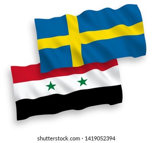 National vector fabric wave flags of Sweden and Syria isolated on white background. 1 to 2 proportion.