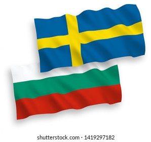 National vector fabric wave flags of Bulgaria and Sweden isolated on white background. 1 to 2 proportion.