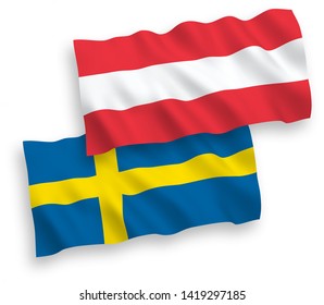 National vector fabric wave flags of Austria and Sweden isolated on white background. 1 to 2 proportion.