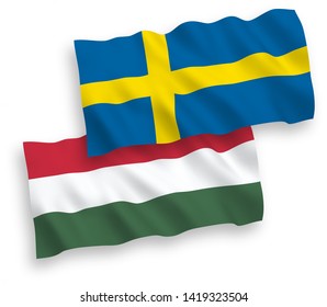 National vector fabric wave flags of Sweden and Hungary isolated on white background. 1 to 2 proportion.