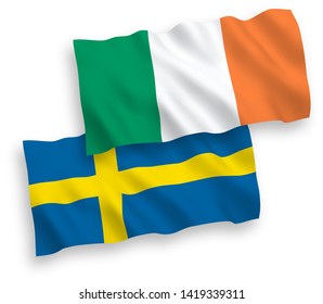 National vector fabric wave flags of Ireland and Sweden isolated on white background. 1 to 2 proportion.