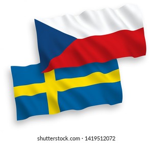 National vector fabric wave flags of Czech Republic and Sweden isolated on white background. 1 to 2 proportion.
