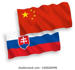 National vector fabric wave flags of Slovakia and China isolated on white background 1 to 2 proportion.