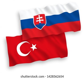 National vector fabric wave flags of Turkey and Slovakia isolated on white background. 1 to 2 proportion.