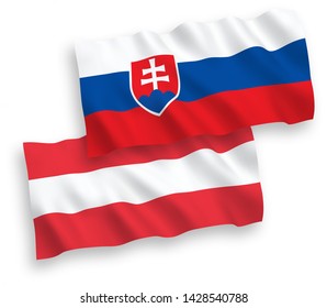 National vector fabric wave flags of Austria and Slovakia isolated on white background. 1 to 2 proportion.