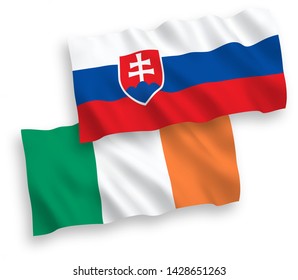 National vector fabric wave flags of Ireland and Slovakia isolated on white background. 1 to 2 proportion.
