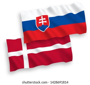 National vector fabric wave flags of Denmark and Slovakia isolated on white background. 1 to 2 proportion.