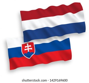 National vector fabric wave flags of Slovakia and Netherlands isolated on white background. 1 to 2 proportion.