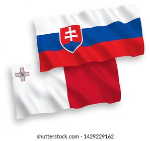 National vector fabric wave flags of Malta and Slovakia isolated on white background. 1 to 2 proportion.