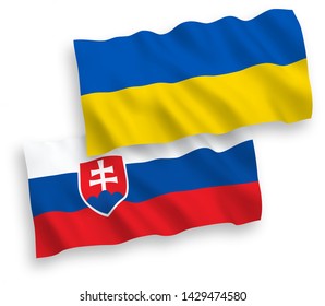 National vector fabric wave flags of Slovakia and Ukraine isolated on white background. 1 to 2 proportion.