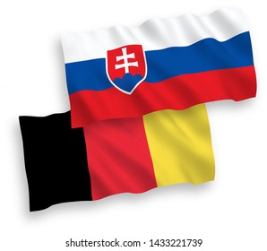 National vector fabric wave flags of Slovakia and Belgium isolated on white background. 1 to 2 proportion.