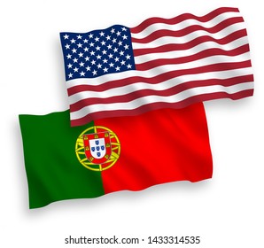 National vector fabric wave flags of Portugal and USA isolated on white background. 1 to 2 proportion.