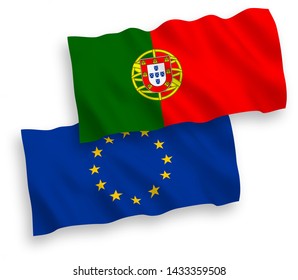 National vector fabric wave flags of European Union and Portugal isolated on white background. 1 to 2 proportion.