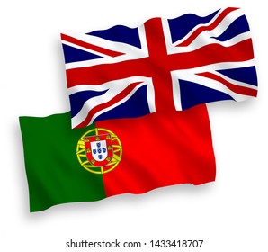 National vector fabric wave flags of Great Britain and Portugal isolated on white background. 1 to 2 proportion.