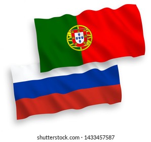National vector fabric wave flags of Portugal and Russia isolated on white background. 1 to 2 proportion.