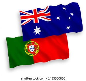 National vector fabric wave flags of Australia and Portugal isolated on white background. 1 to 2 proportion.