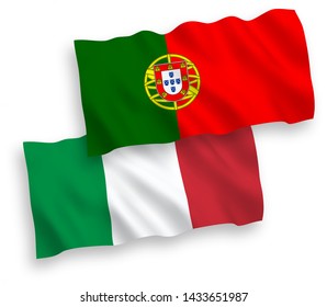 National vector fabric wave flags of Italy and Portugal isolated on white background. 1 to 2 proportion.