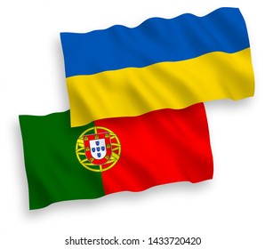 National vector fabric wave flags of Portugal and Ukraine isolated on white background. 1 to 2 proportion.