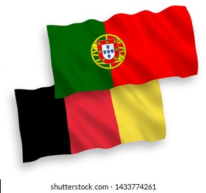 National vector fabric wave flags of Portugal and Belgium isolated on white background. 1 to 2 proportion.