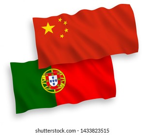 National vector fabric wave flags of Portugal and China isolated on white background 1 to 2 proportion.