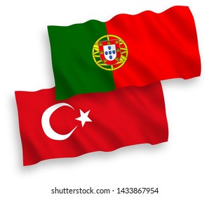 National vector fabric wave flags of Turkey and Portugal isolated on white background. 1 to 2 proportion.